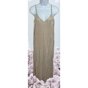 Paper Crane Gold Lame Pleat Slip Midi Dress Sz S Lined V-Neck Spaghetti Strap